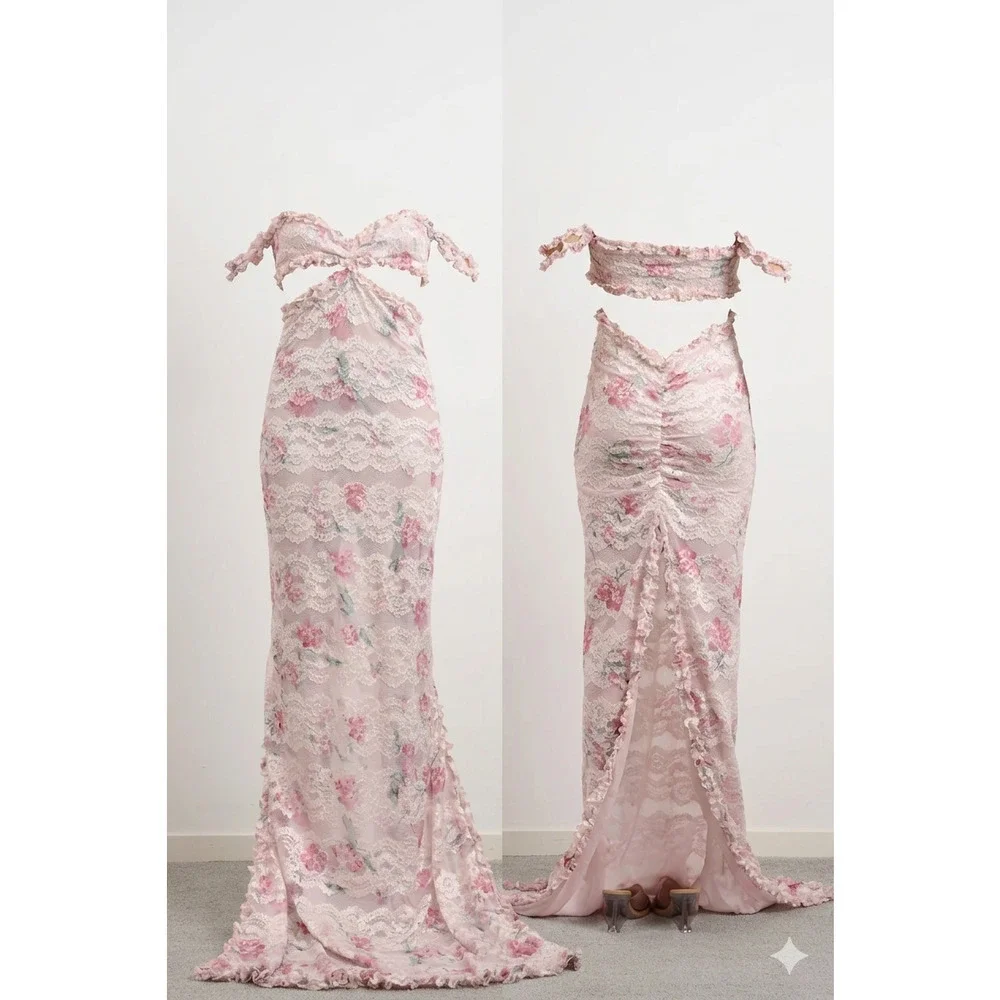 Dzo Harper Pink Floral Lace Cut out Romantic Ethereal Maxi Dress Sz Large NWT